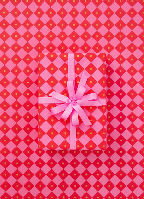 Wrapping Paper Roll - Checkerboard Pink & Red 10m