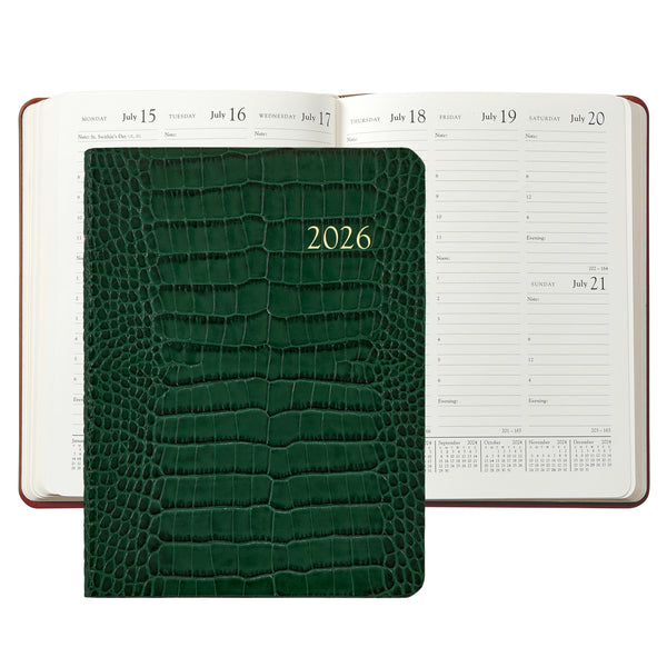 2026 Desk Diary Embossed Crocodile Emerald Green Leather