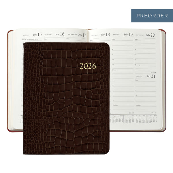 2026 Desk Diary Embossed Crocodile Brown Leather