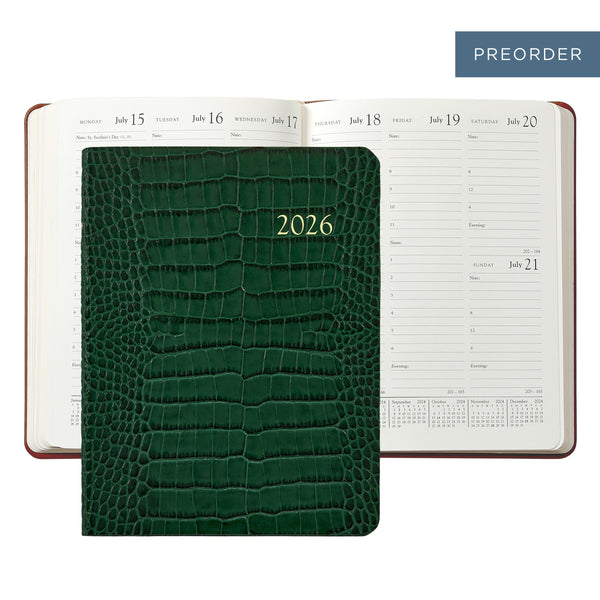 2026 Desk Diary Embossed Crocodile Emerald Green Leather
