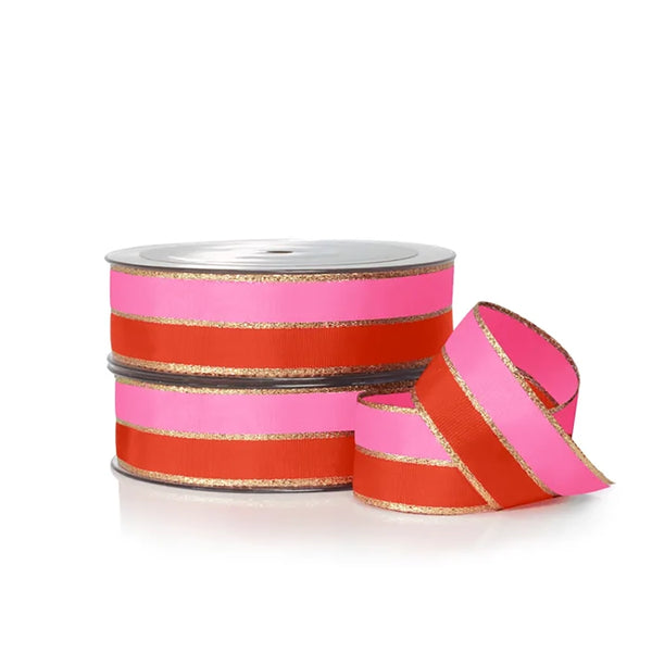 Nutcracker Ribbon Two Tone Roll Pink & Poppy Red 25mm x 25m