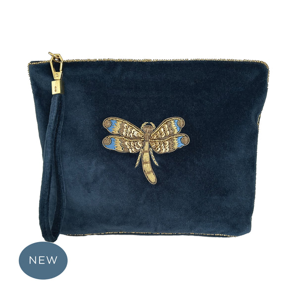Velvet Hand Embroidered Dragonfly Pouch  Navy Blue with removable strap