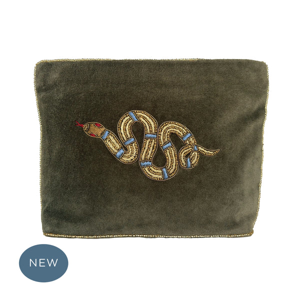 Velvet Hand Embroidered Serpent Pouch Olive Green with removable strap