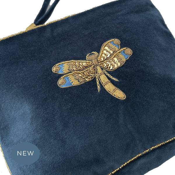 Velvet Hand Embroidered Dragonfly Pouch  Navy Blue with removable strap