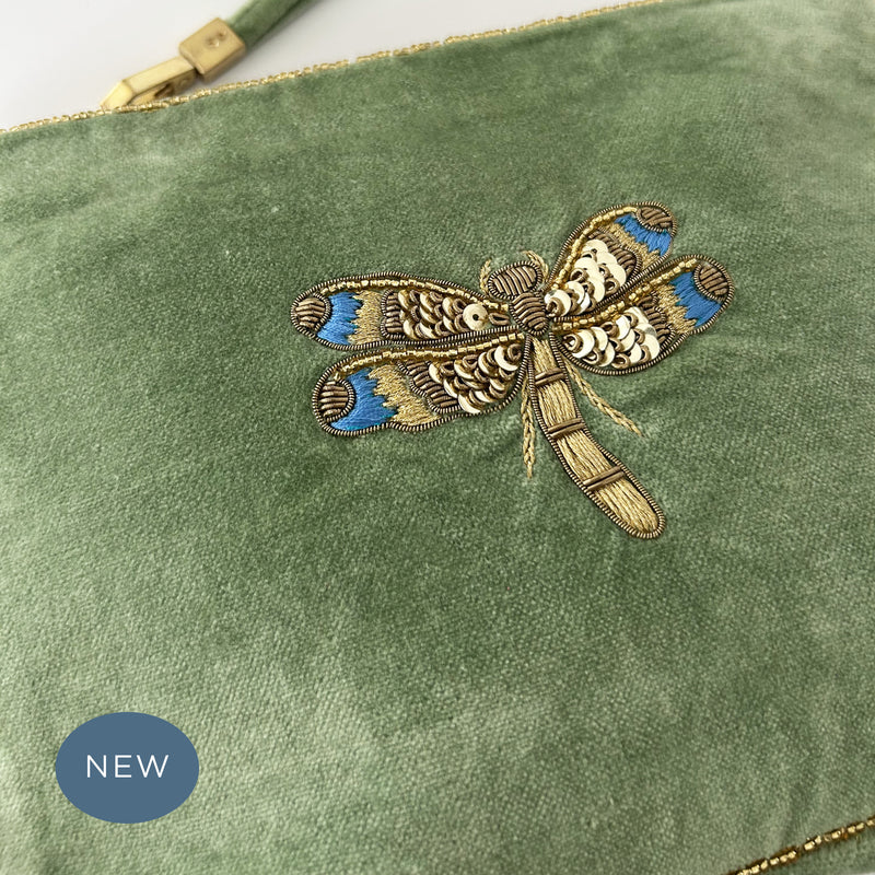 Velvet Hand Embroidered Dragonfly Pouch Sage Green with removable strap