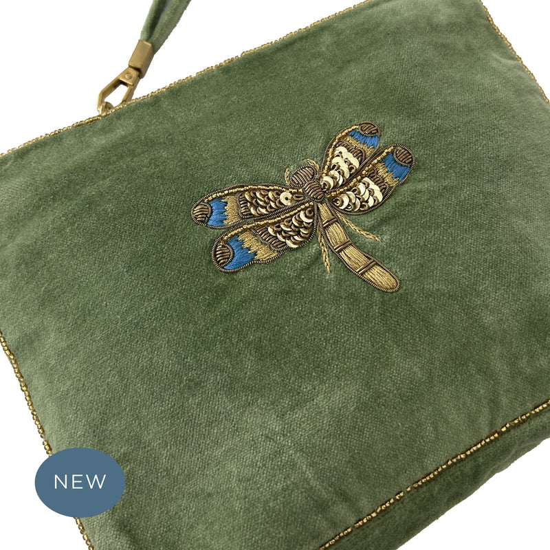 Velvet Hand Embroidered Dragonfly Pouch Sage Green with removable strap