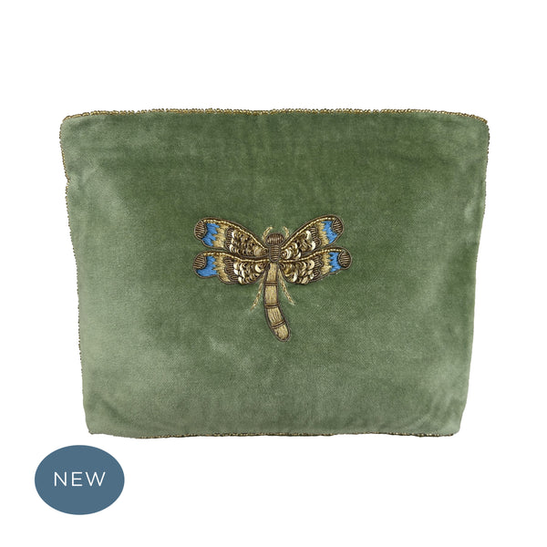 Velvet Hand Embroidered Dragonfly Pouch Sage Green with removable strap