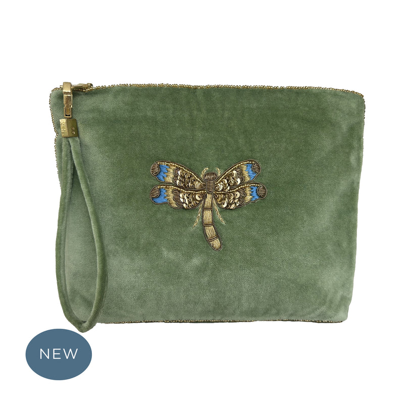Velvet Hand Embroidered Dragonfly Pouch Sage Green with removable strap