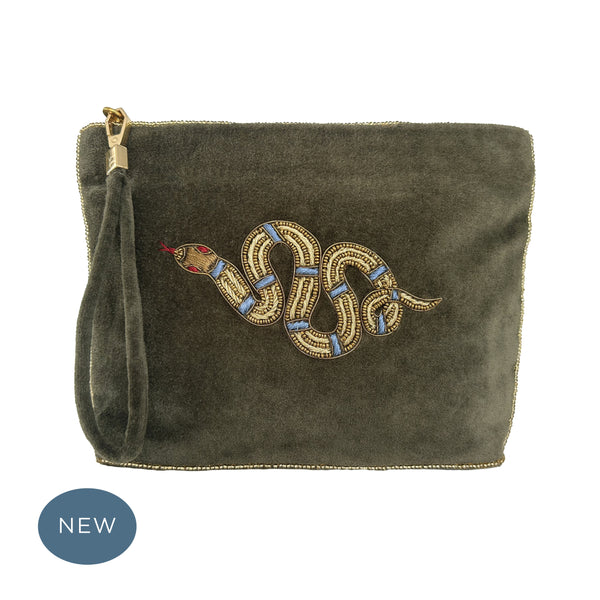 Velvet Hand Embroidered Serpent Pouch Olive Green with removable strap