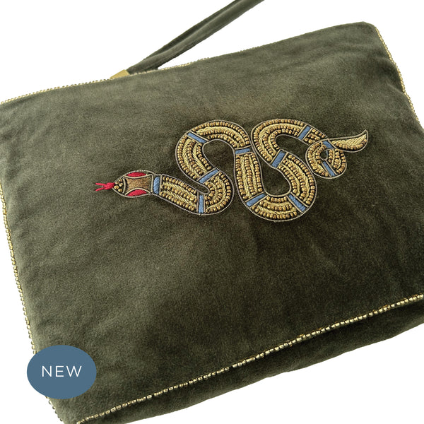 Velvet Hand Embroidered Snake Pouch Olive Green with removable strap