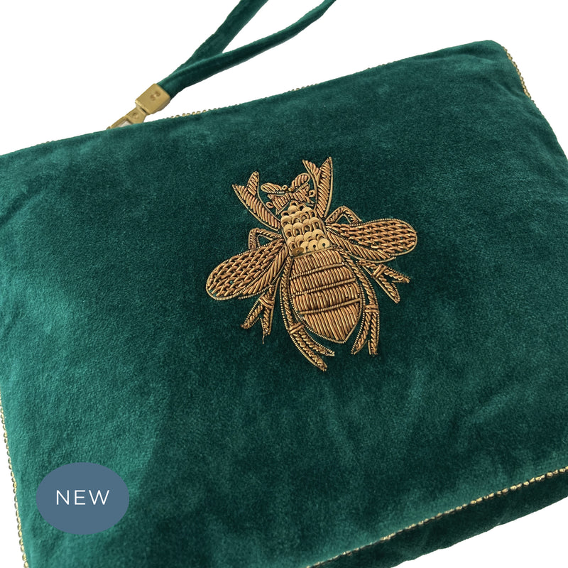 Velvet Hand Embroidered Bee Pouch Emerald Green with removable strap