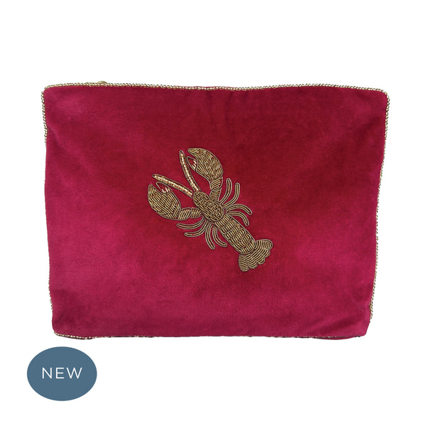 Velvet Hand Embroidered Lobster Pouch Dark Fuschsia with removable strap