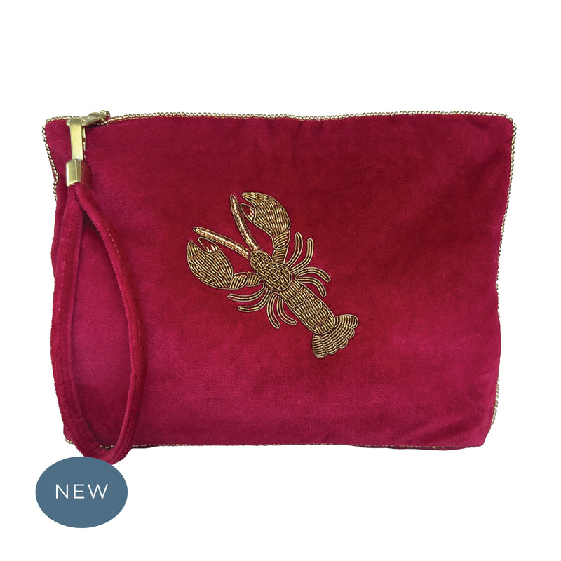 Velvet Hand Embroidered Lobster Pouch Dark Fuschsia with removable strap