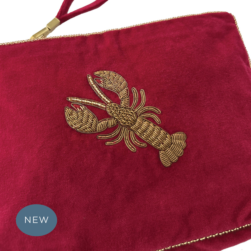 Velvet Hand Embroidered Lobster Pouch Dark Fuschsia with removable strap