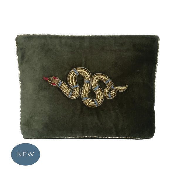 Velvet Hand Embroidered Snake Pouch Olive Green with removable strap