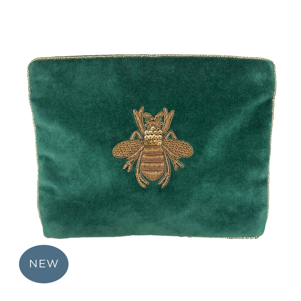 Velvet Hand Embroidered Bee Pouch Emerald Green with removable strap