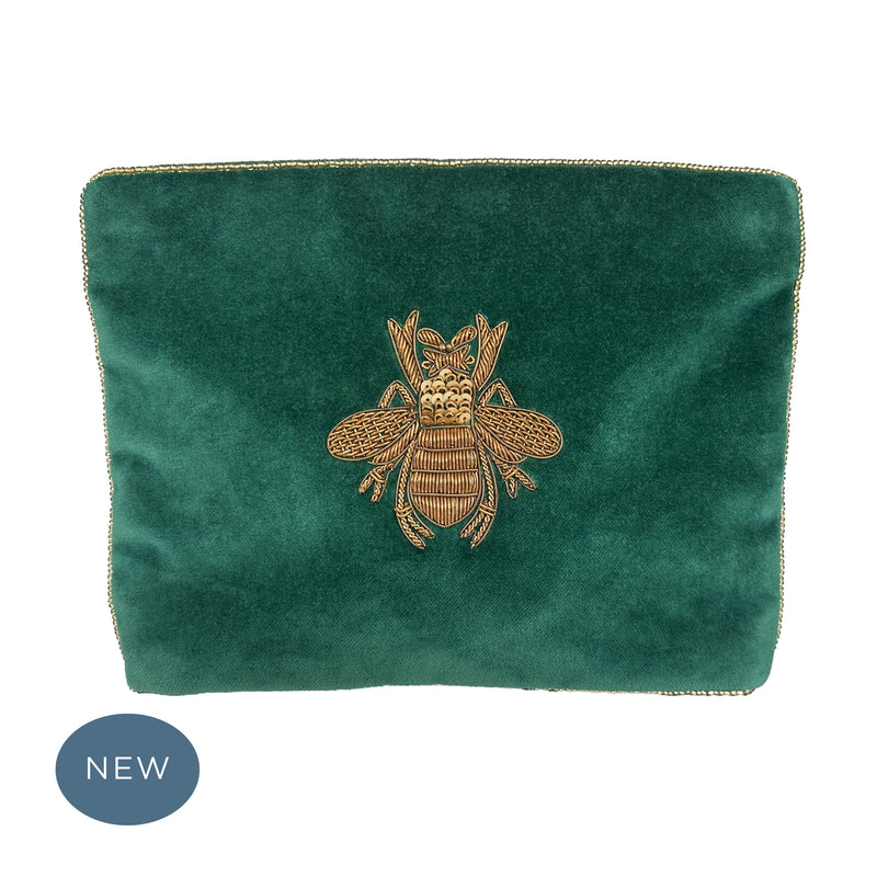 Velvet Hand Embroidered Bee Pouch Emerald Green with removable strap