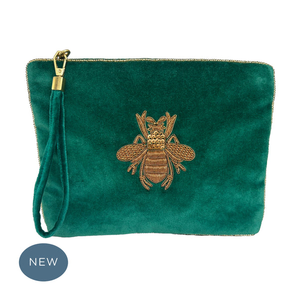 Velvet Hand Embroidered Bee Pouch Emerald Green with removable strap