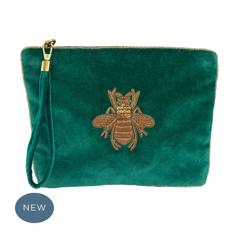 Velvet Hand Embroidered Bee Pouch Emerald Green with removable strap