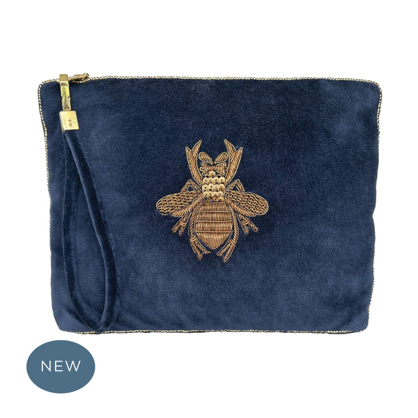 Velvet Hand Embroidered Bee Pouch Navy Blue with removable strap (Copy)