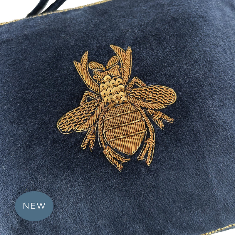 Velvet Hand Embroidered Bee Pouch Navy Blue with removable strap (Copy)