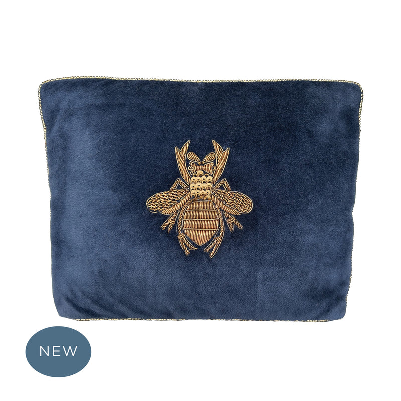 Velvet Hand Embroidered Bee Pouch Navy Blue with removable strap (Copy)