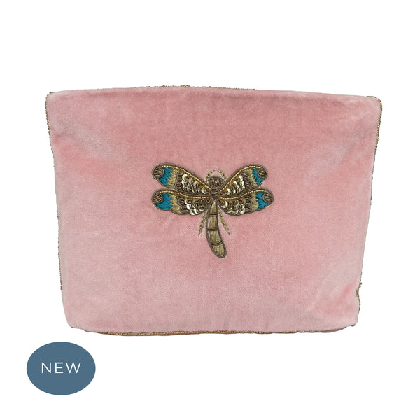 Velvet Hand Embroidered Dragonfly Pouch Pale Pink with removable strap