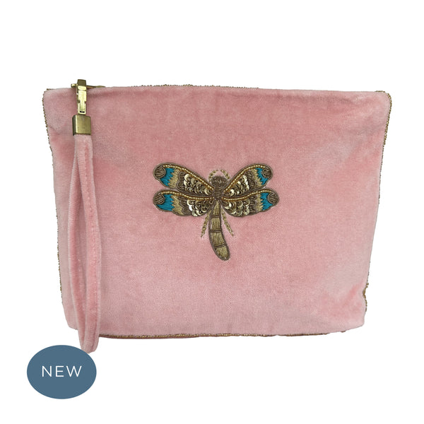 Velvet Hand Embroidered Dragonfly Pouch Pale Pink with removable strap