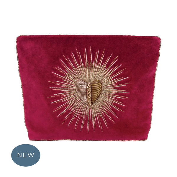 Velvet Hand Embroidered Flaming Heart Pouch Dark Fuchsia with removable strap