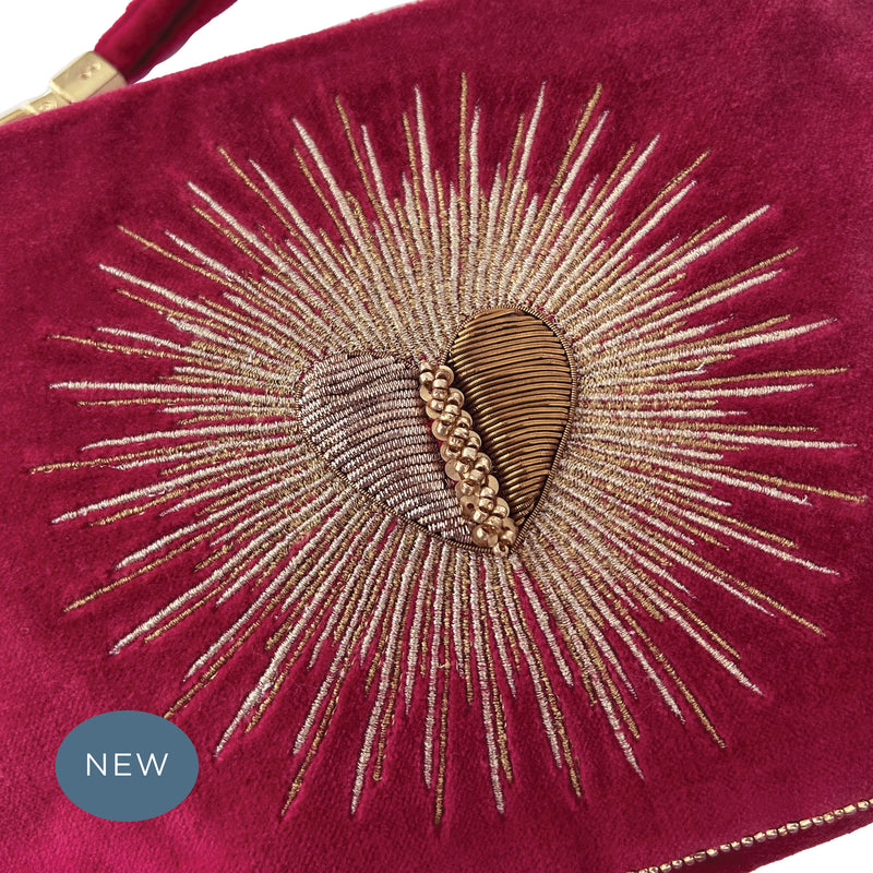 Velvet Hand Embroidered Flaming Heart Pouch Dark Fuchsia with removable strap