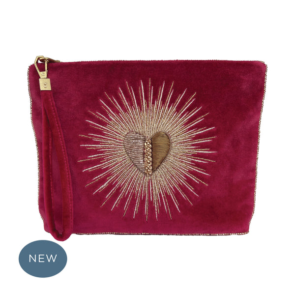 Velvet Hand Embroidered Flaming Heart Pouch Dark Fuchsia with removable strap