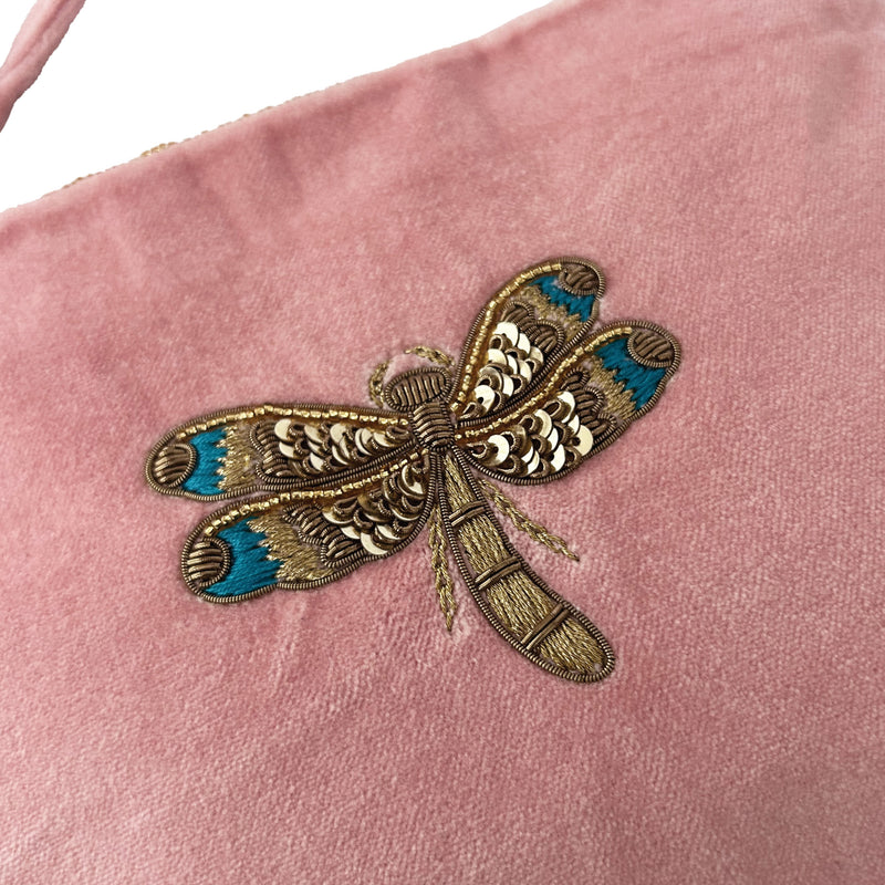 Velvet Hand Embroidered Dragonfly Pouch Pale Pink with removable strap