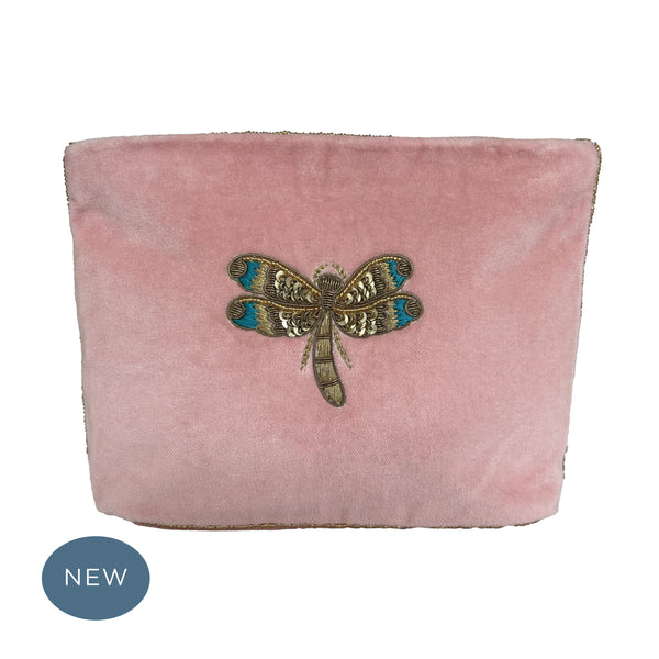 Velvet Hand Embroidered Dragonfly Pouch Pale Pink with removable strap