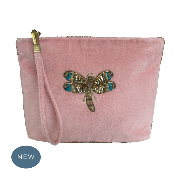 Velvet Hand Embroidered Dragonfly Pouch Pale Pink with removable strap