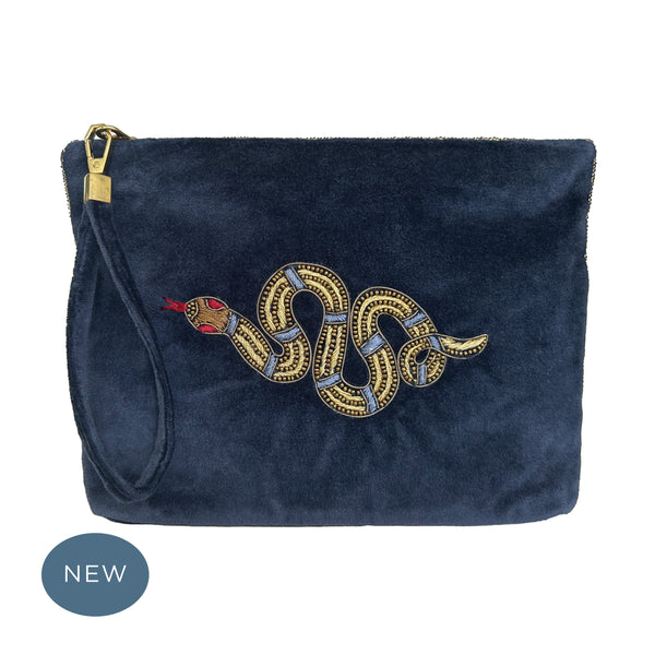 Velvet Hand Embroidered Serpent Pouch Navy Blue with removable strap