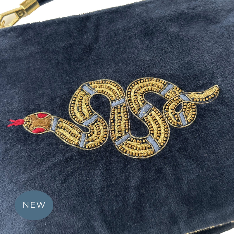 Velvet Hand Embroidered Serpent Pouch Navy Blue with removable strap