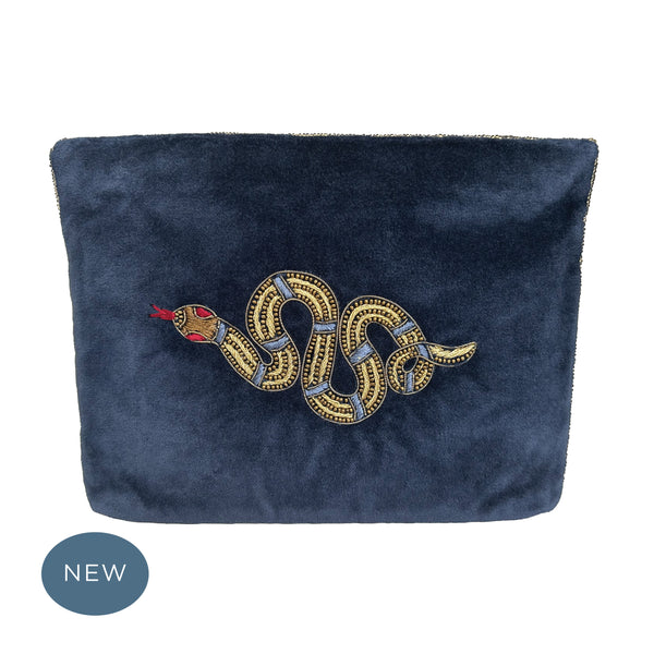 Velvet Hand Embroidered Serpent Pouch Navy Blue with removable strap