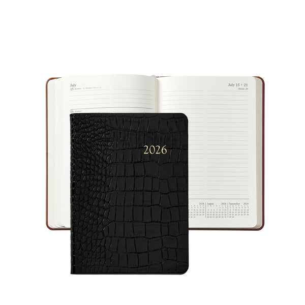 2026 Weekly Diary Black Crocodile Embossed Leather