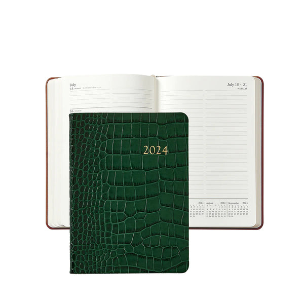 2024 Weekly Diary Emerald Green Crocodile Embossed Leather