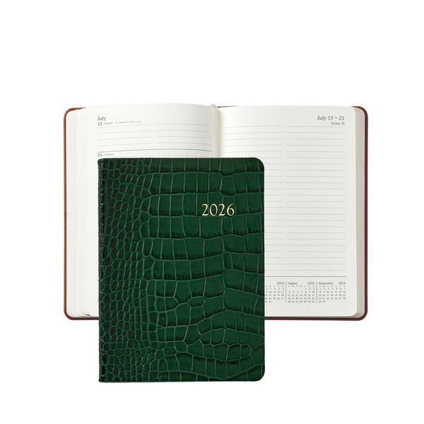 2026 Weekly Diary Emerald Green Crocodile Embossed Leather