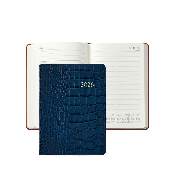 2026 Weekly Diary Sapphire Blue Crocodile Embossed Leather