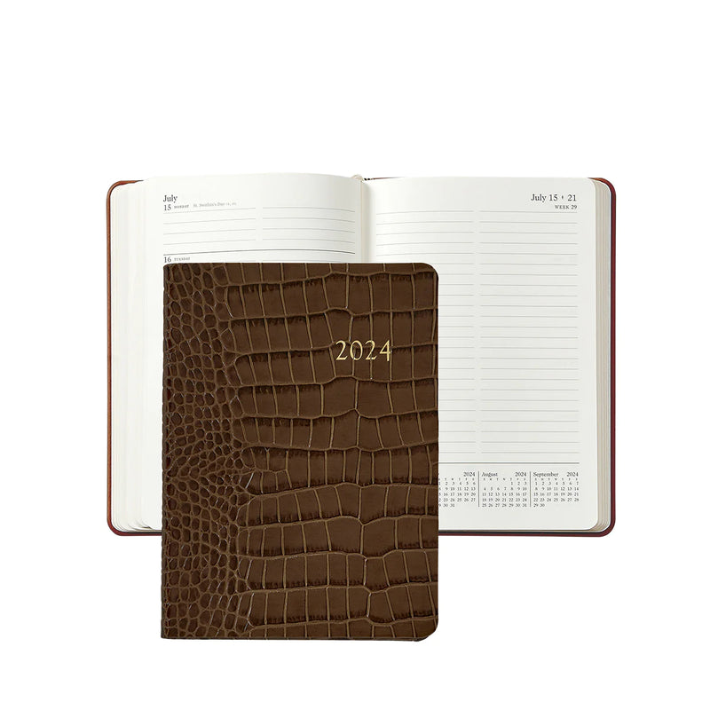 2024 Weekly Diary Walnut Brown Crocodile Embossed Leather