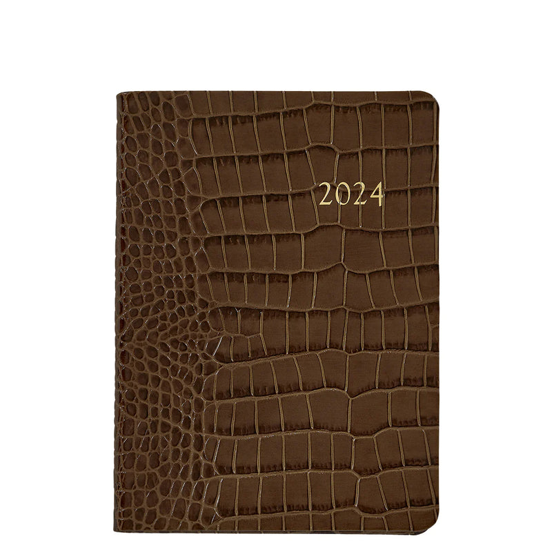 2024 Weekly Diary Walnut Brown Crocodile Embossed Leather