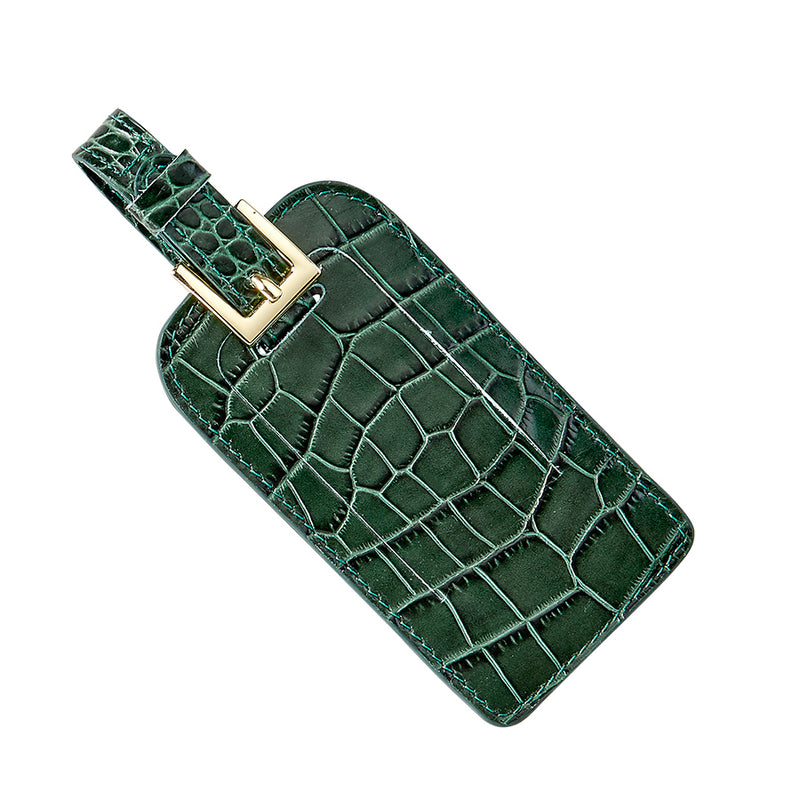 Luggage Tag Emerald Crocodile Embossed Leather