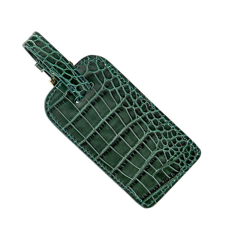 Luggage Tag Emerald Crocodile Embossed Leather