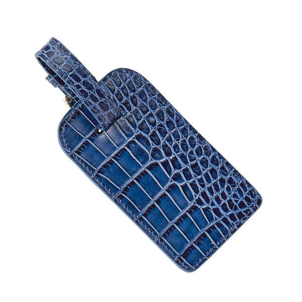 Luggage Tag Sapphire Crocodile Embossed Leather